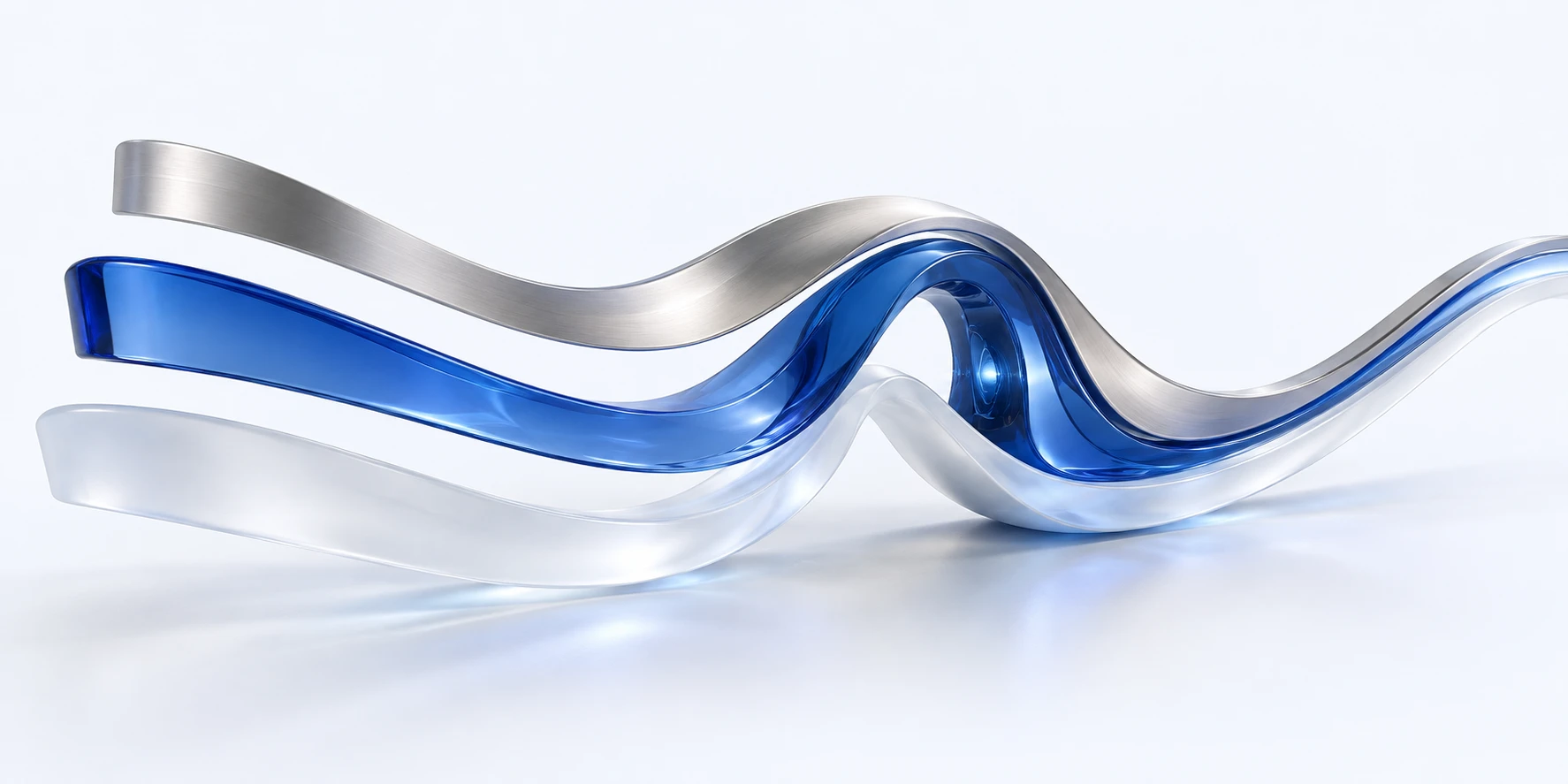 Three sculpted ribbons of titanium, blue glass, and frosted glass converge into one flowing form.